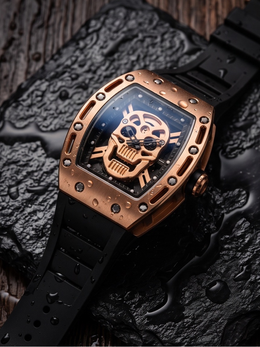 Rose Gold Skull Dial Watch with Black Rubber Strap